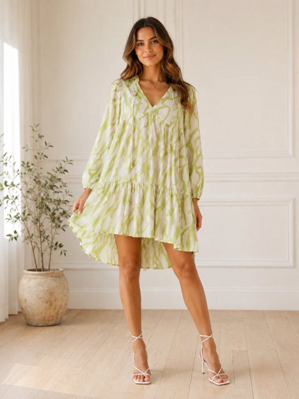 Zara Green White Small Abstract Print Cotton Babydoll Dress Flowy Mini Dress